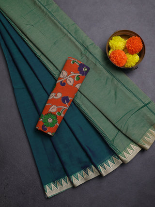 Peacock Green & Orange Narayanpet Cotton - Kalamkari Blouse