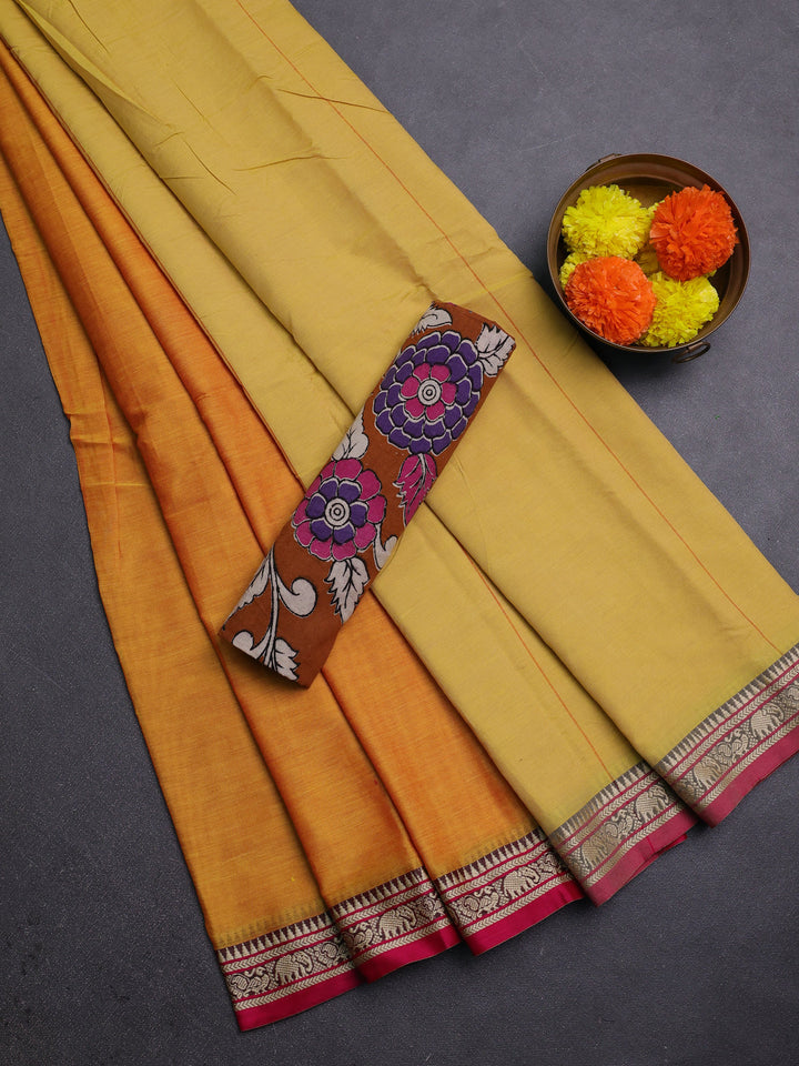 Yellow & Rust Narayanpet Cotton - Kalamkari Blouse