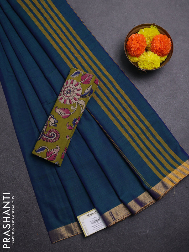 Peacock Blue & Mehendi Green Narayanpet Cotton - Kalamkari Blouse