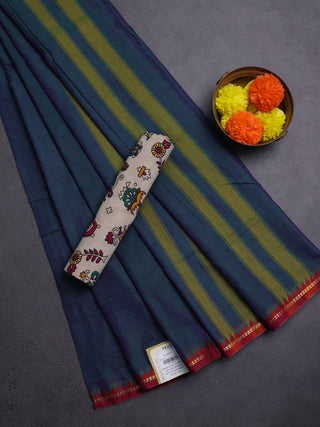 Peacock Blue & Beige Narayanpet Cotton - Kalamkari Blouse