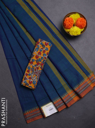 Peacock Blue & Mustard Yellow Narayanpet Cotton - Kalamkari Blouse