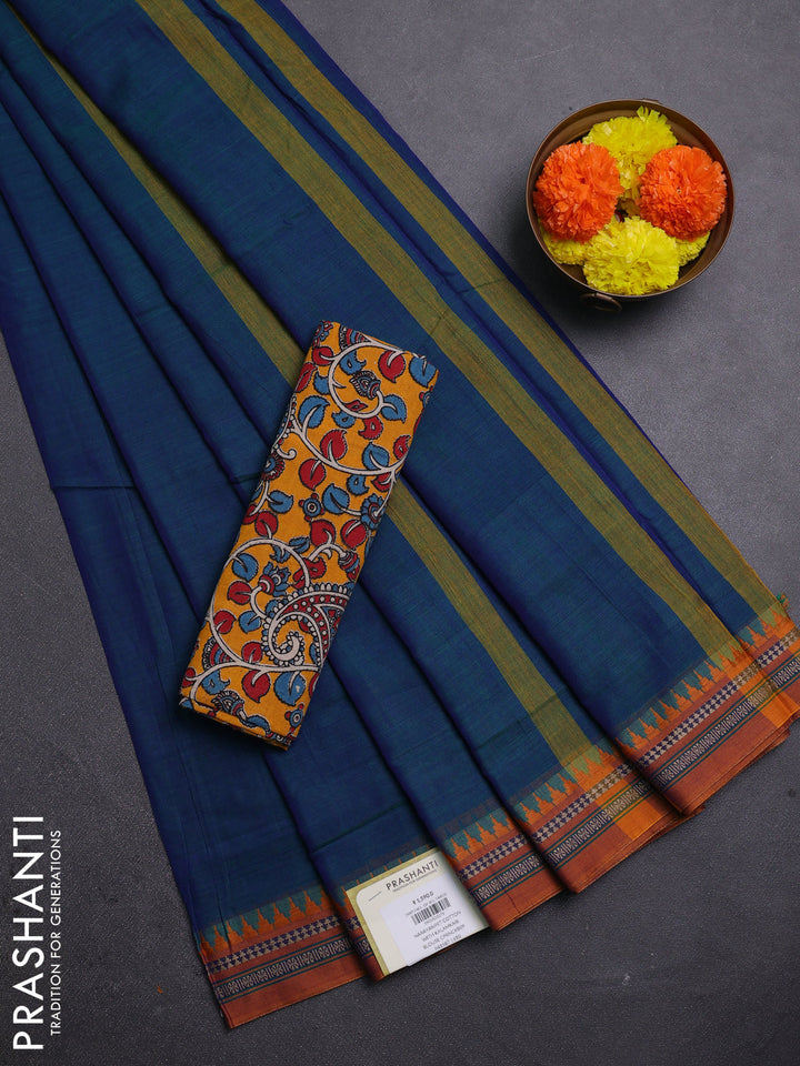 Peacock Blue & Mustard Yellow Narayanpet Cotton - Kalamkari Blouse
