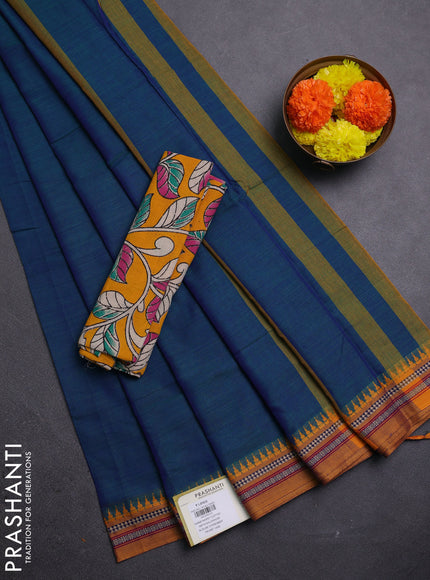 Peacock Blue & Mustard Yellow Narayanpet Cotton - Kalamkari Blouse