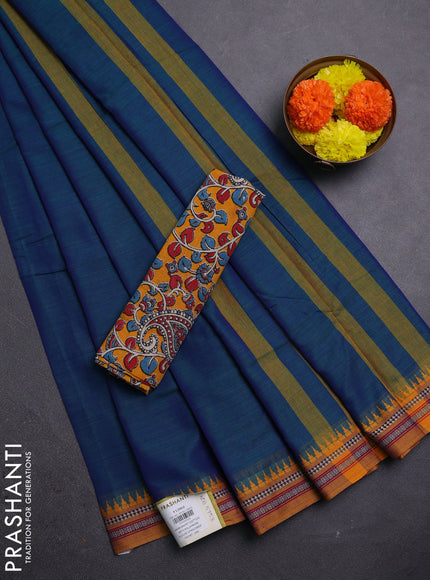 Peacock Blue & Mustard Yellow Narayanpet Cotton - Kalamkari Blouse