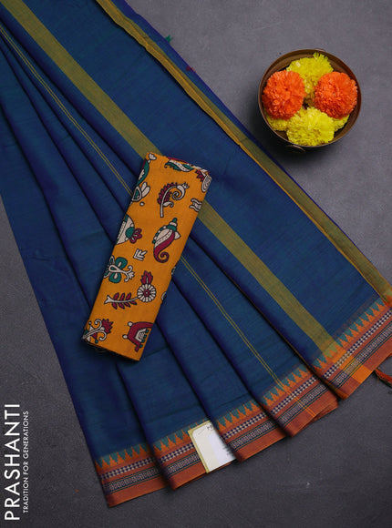 Peacock Blue & Mustard Yellow Narayanpet Cotton - Kalamkari Blouse