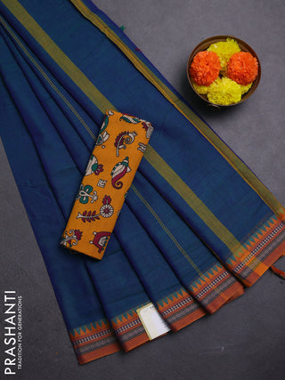 Peacock Blue & Mustard Yellow Narayanpet Cotton - Kalamkari Blouse
