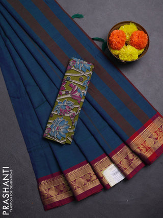 Peacock Blue & Mehendi Green Narayanpet Cotton - Kalamkari Blouse