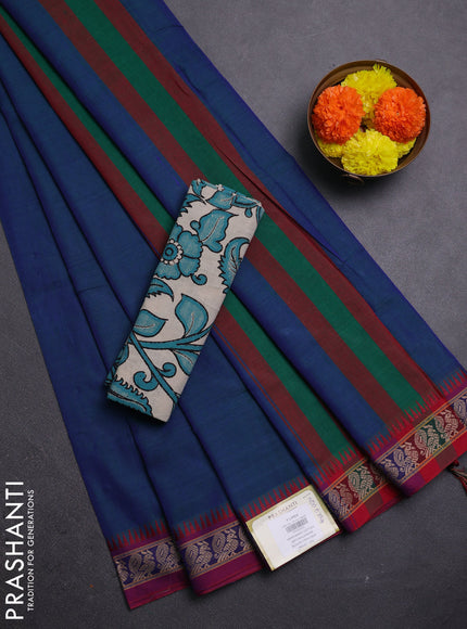 Peacock Blue & Beige Narayanpet Cotton - Kalamkari Blouse