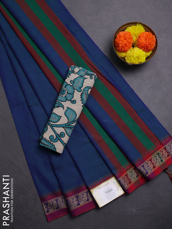 Peacock Blue & Beige Narayanpet Cotton - Kalamkari Blouse