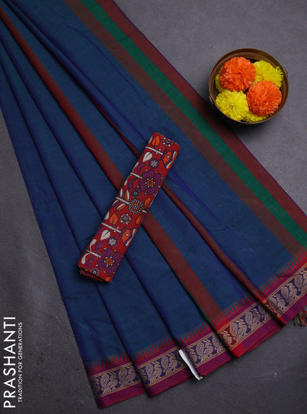 Peacock Blue & Red Narayanpet Cotton - Kalamkari Blouse