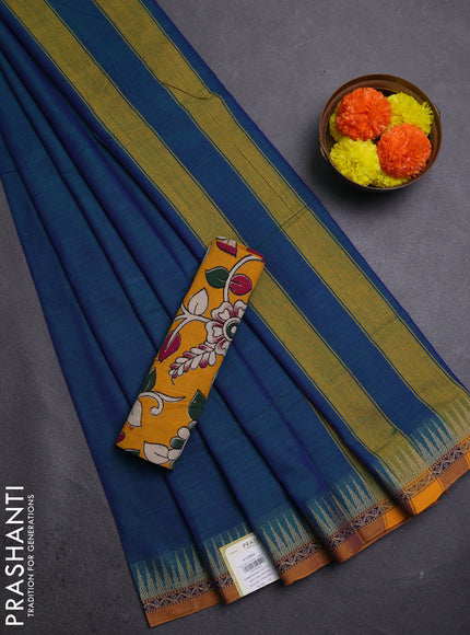 Peacock Blue & Mustard Yellow Narayanpet Cotton - Kalamkari Blouse