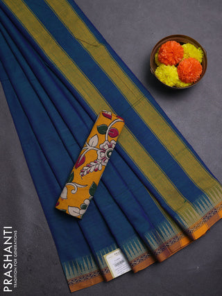 Peacock Blue & Mustard Yellow Narayanpet Cotton - Kalamkari Blouse