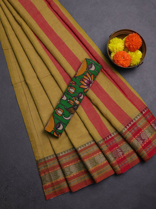 Mustard Yellow & Green Narayanpet Cotton - Kalamkari Blouse