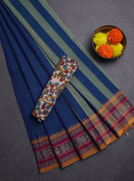 Peacock Blue & Beige Narayanpet Cotton - Kalamkari Blouse