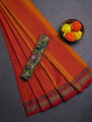Orange & Lime Green Narayanpet Cotton - Kalamkari Blouse