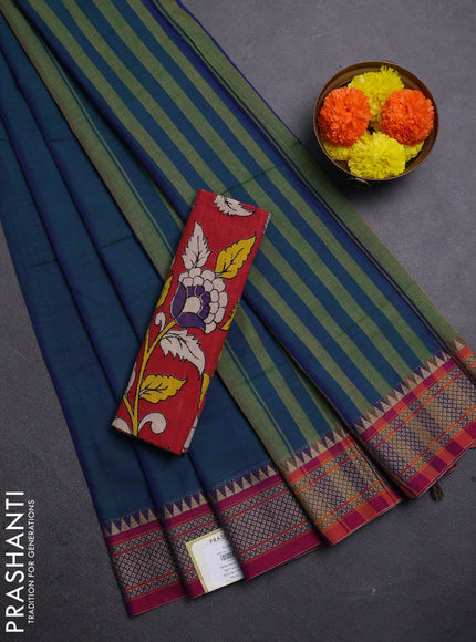 Peacock Blue & Red Narayanpet Cotton - Kalamkari Blouse
