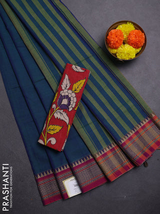 Peacock Blue & Red Narayanpet Cotton - Kalamkari Blouse