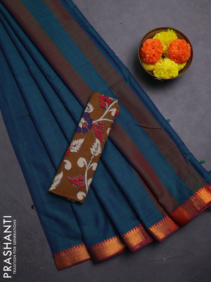 Peacock Green & Brown Narayanpet Cotton - Kalamkari Blouse