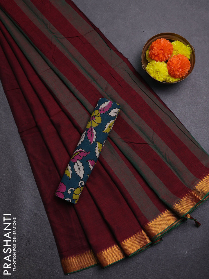 Maroon & Peacock Green Narayanpet Cotton - Kalamkari Blouse