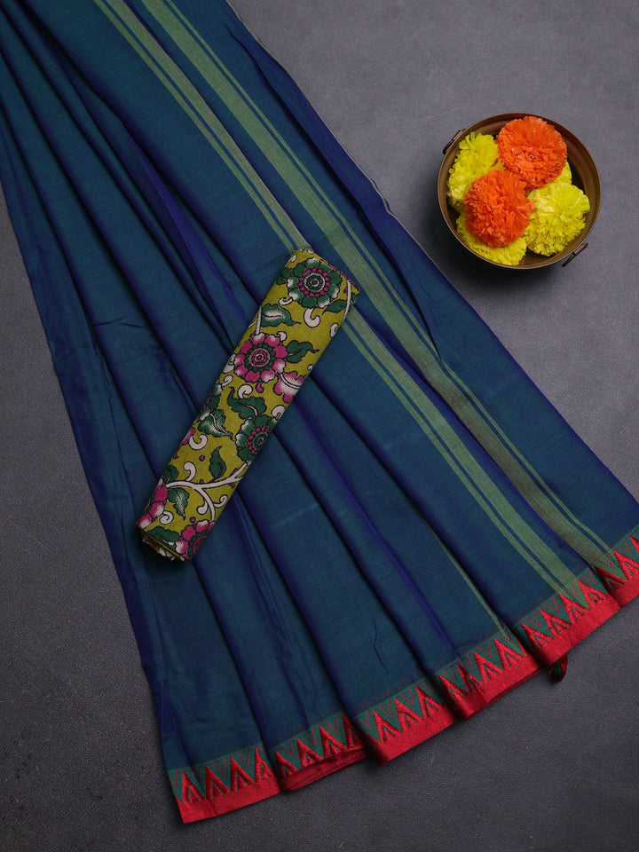 Peacock Blue & Lime Green Narayanpet Cotton - Kalamkari Blouse