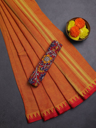 Mustard Yellow & Maroon Narayanpet Cotton - Kalamkari Blouse