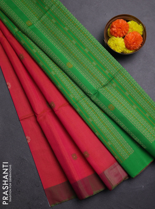 Sunset Orange & Green Kora Silk Cotton Saree