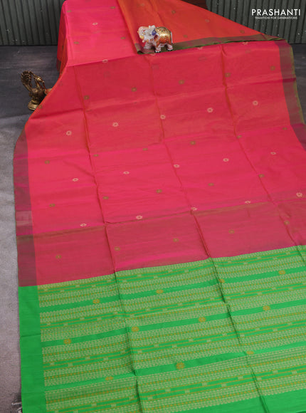 Sunset Orange & Green Kora Silk Cotton Saree