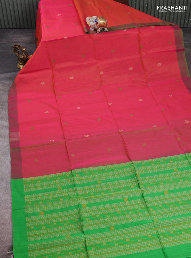 Sunset Orange & Green Kora Silk Cotton Saree