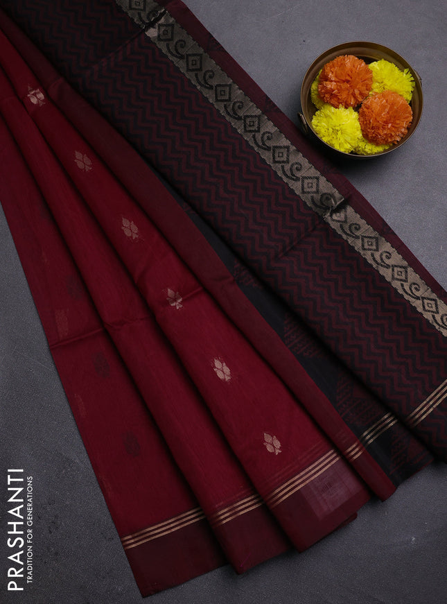 Maroon & Black Kora Silk Cotton Saree