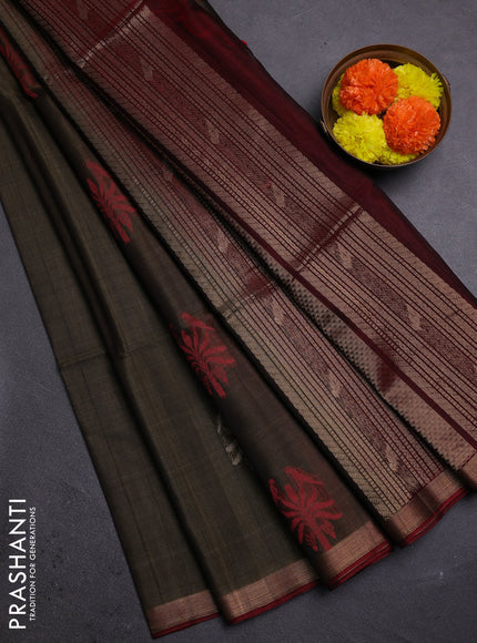 Chiku & Maroon Kora Silk Cotton Saree