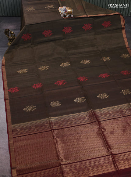 Chiku & Maroon Kora Silk Cotton Saree