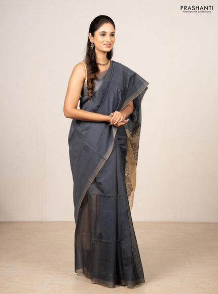 Grey & Beige Kora Silk Cotton Saree