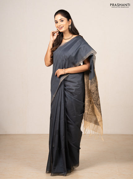 Grey & Beige Kora Silk Cotton Saree