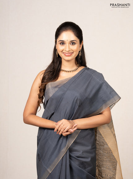 Grey & Beige Kora Silk Cotton Saree
