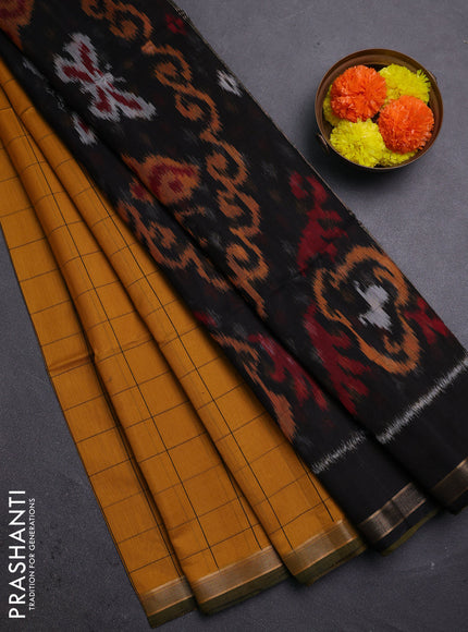 Mustard & Black Kora Silk Cotton Saree
