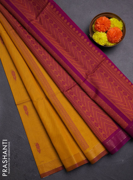 Mustard Yellow & Purple Kora Silk Cotton Saree