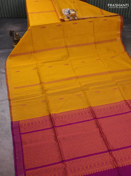Mustard Yellow & Purple Kora Silk Cotton Saree