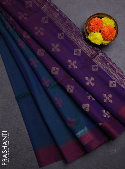Peacock Green & Purple Kora Silk Cotton Saree