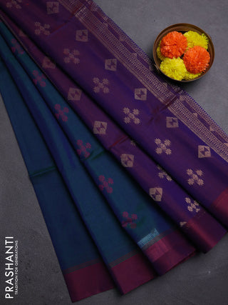 Peacock Green & Purple Kora Silk Cotton Saree