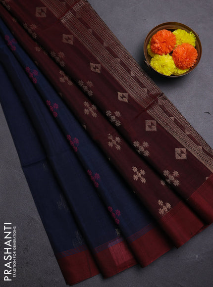 Navy Blue & Maroon Kora Silk Cotton Saree