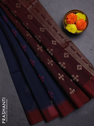 Navy Blue & Maroon Kora Silk Cotton Saree