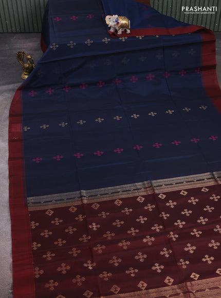 Navy Blue & Maroon Kora Silk Cotton Saree