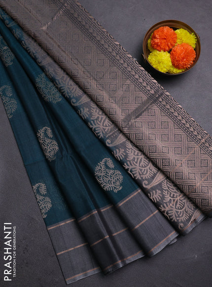 Peacock Green & Grey Kora Silk Cotton Saree