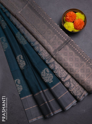 Peacock Green & Grey Kora Silk Cotton Saree