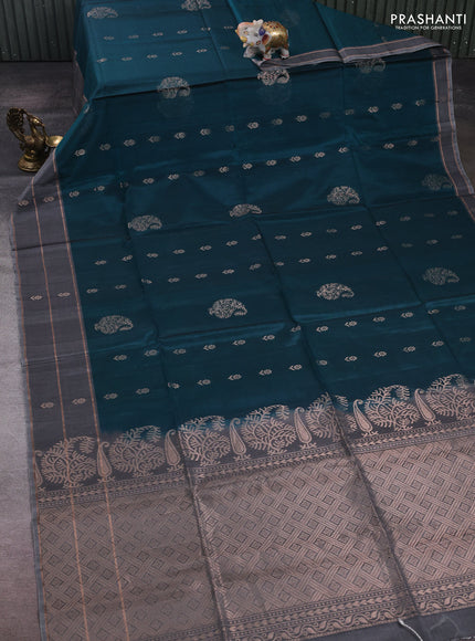 Peacock Green & Grey Kora Silk Cotton Saree