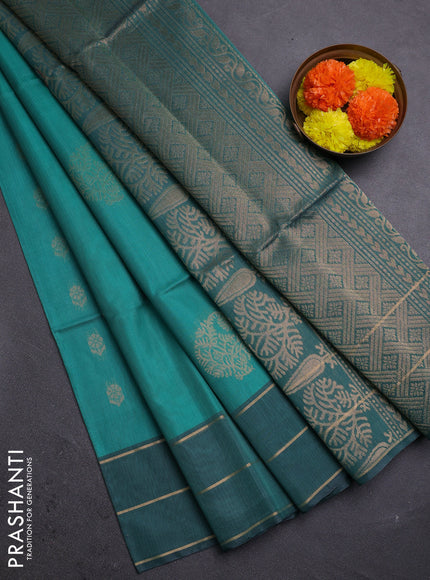 Teal Blue & Teal Kora Silk Cotton Saree