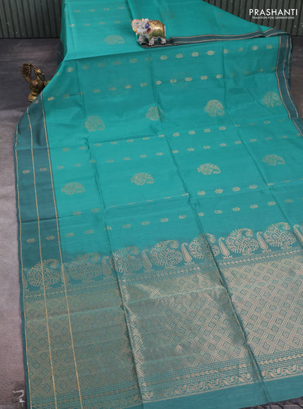 Teal Blue & Teal Kora Silk Cotton Saree