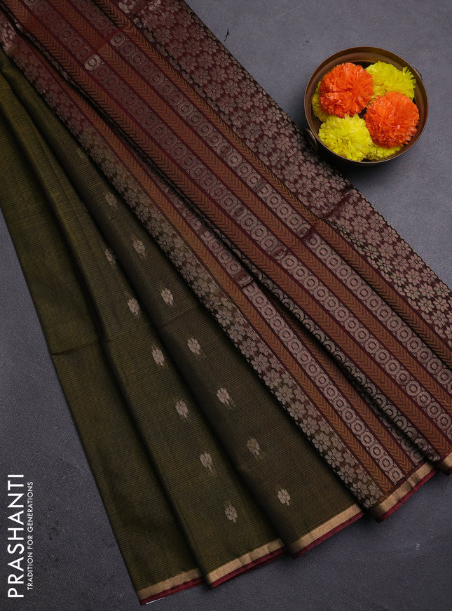 Mehendi Green & Maroon Kora Silk Cotton Saree