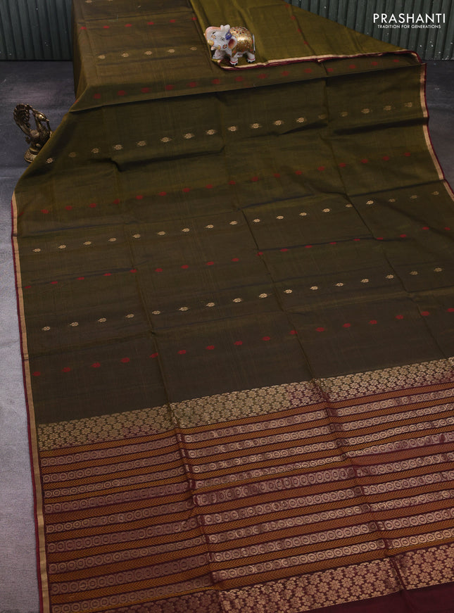 Mehendi Green & Maroon Kora Silk Cotton Saree