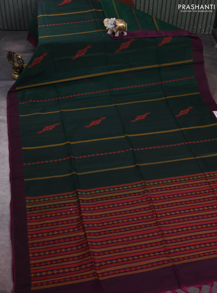 Bottle Green & Purple Kora Silk Cotton Saree